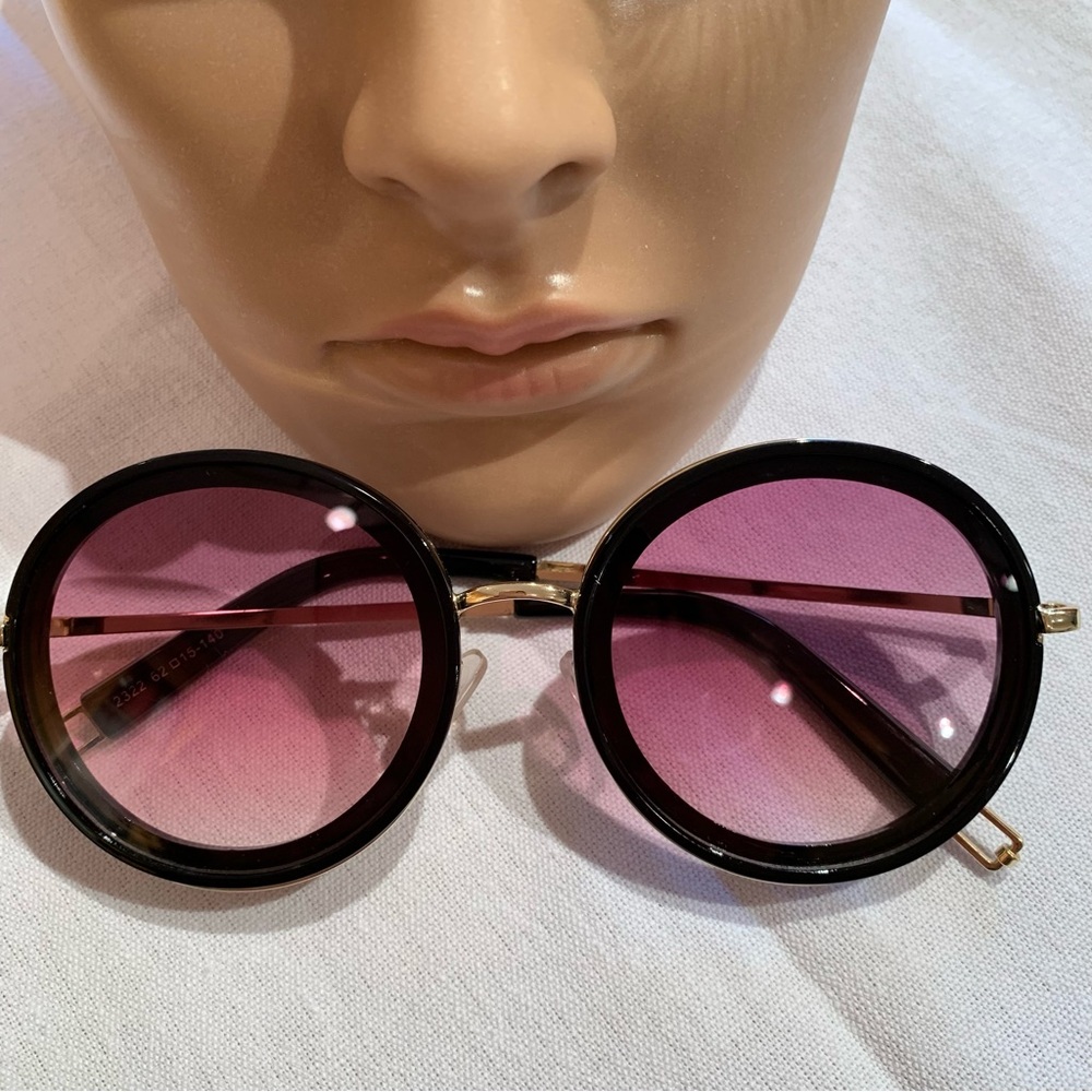 Fashion Sunglasses. Round, Black/Gold Trim. Rose Colored Lenses.